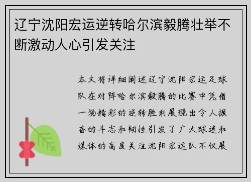 辽宁沈阳宏运逆转哈尔滨毅腾壮举不断激动人心引发关注